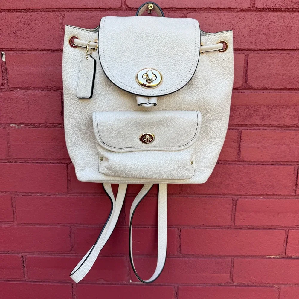 COACH Mini Turnlock Rucksack Backpack In Chalk Pebbled Leather Minimalist Preppy